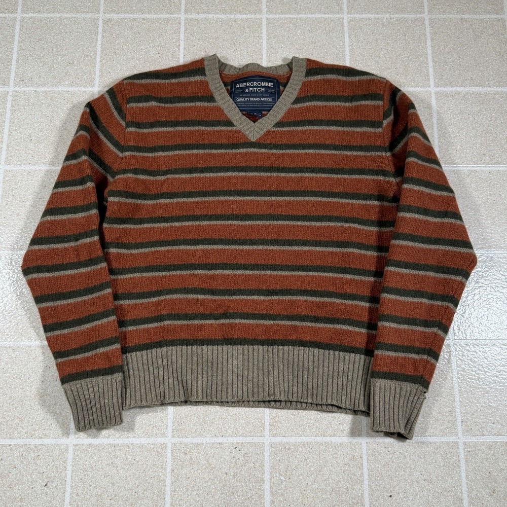 Vtg Y2K Abercrombie & Fitch Men's Lambswool V Neck Stripe Wool Thick Sweater M